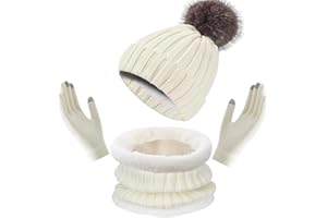 Enwokran Bonnet Echarpe Femme Tricotés Ensemble D'hiver Bonnet écharpe Gants D'écran Tactile 3 en 1 Doublé Polaire épais Bonnet Chaud Ensemble Tricoté Casquettes pour Sports de Plein Air