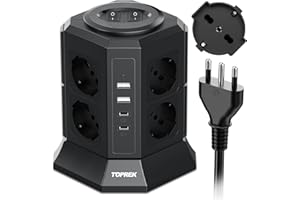 TOPREK Multipresa Verticale con 8 Prese Universali ITA 10/16A e Schuko e 2 USB C e 2 USB A (USB-C1 20W PD3.0 Ricarica Rapida), 4000W/16A, Ciabatta Multipresa con 2 Interruttore, 2M Cavo, Spina 16A