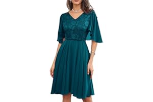 GRACE KARIN Women's Chiffon Pleated Dress Short Cape Sleeve V-Neck Lace Contrast Dress for Cocktail Party