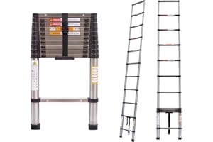 HUINI 3,2m Teleskopleiter aus Edelstahl, Kompakte Edelstahl Ausziehbare Teleskopleiter, Rutschfeste Stufen, Mehrzweckleiter für Dachboden/Lager/Haus/Büro