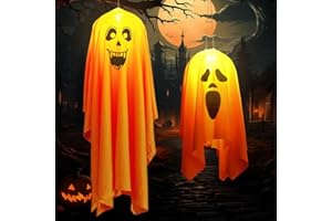 WISHSTAR 2 piezas de fantasma colgante de Halloween, decoración de cubierta de viento con LED para carretera, césped, patio, casa embrujada al aire libre