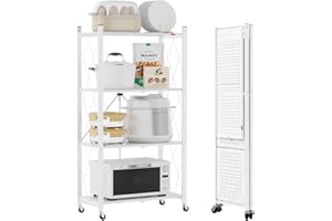 DEANIC Estantes de Almacenamiento Plegables, 4 Niveles de Metal para Almacenamiento, 61 x 116 x 28 cm, estantes esquineros de Cocina con Ruedas, estantes de despensa, estantería para Sala de Estar,