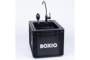 BOXIO Lavabo Portátil Camping con Bomba de Agua Manual, Fregadero para Furgoneta, Grifo Portatil Camping, Fregadero de Jardín, Lavamanos Portatil, Lavabo Caravana de Plástico Negro, 400 x 300 mm