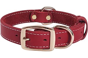 TIANTIANN Heavy Duty Genuine Leather Dog Collar - Adjustable Red Design, Soft and Strong with Metal Buckle and D-Ring for Small, Medium, Large Breeds (M)