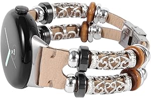 KONAFEI Compatible with Google Pixel Watch 2 (2023)/ Pixel Watch Band, Slim Handmade Leather Bracelets Boho Bead Metal Jewelry Retro Strap Wristband Accessories for Women and Men