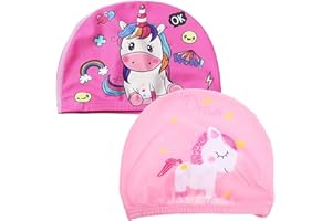 AOOTUERL Cuffia Piscina Bambino Unicorno, 2 Pezzi Pink Children'S Swimming Cap, cuffia piscina bambino, Cuffia Piscina Donna in Poliestere Impermeabile per Capelli Lunghi e Corti, per Capelli Lunghi