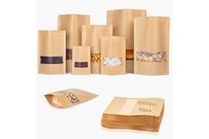 KINETOX Kraftpapiertüten 10X15cm verpackungstüten mit Fenster Standbeutel aus 50 Stück Kraftpapier Papiertüten Braun Kraftpapierbeutel für Nüsse Kaffeebohnen Teeblätter Süßigkeiten Snacks