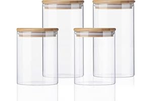 Gigmeta Juego de 4 Tarros de Cristal de 800/1200ml Con Tapas de Bambú, Tarros HerméTicos de Cocina, Tarros de Especias, Juego de Tarros de Cristal de Borosilicato Reforzado