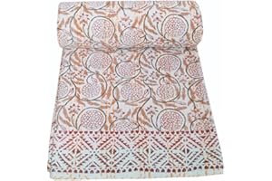 YUVANCRAFTS Indian Hand Block Print Kantha Quilt Cotton Kantha Throw Blanket Indian Bedspread Kantha Bed Cover Queen Size Quilt (Brown, Twin 90 X 60 Inch)