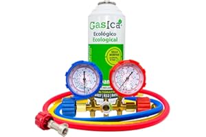 RALERTREIK Pack Gas Refrigerante Orgánico Gasica V2 Sustituto del R22, R407, R32, R410A Y R290 más Llave de paso de perforación 1/2 hembra y Mangueras con Manómetro para recarga Aire Acondicionado Split