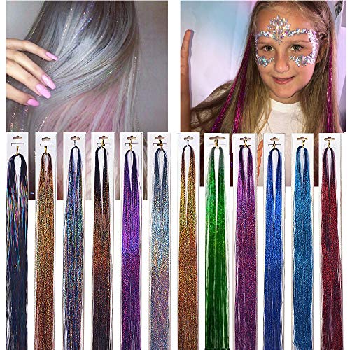 120cm Tinsel 12 Color 2400 hebras Brillante, Destacados del partido Brillo Extensiones de cabello Color multicolor Rayas de cabello Bling Piezas sintéticas para uñas, Cabello