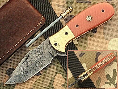 HANDMADE 18CM AWESOME FOLDING POCKET KNIFE MADE WITH REAL DAMASCUS STEEL WITH G10 MATERIAL HANDLE AND ENGRAVED BOLSTERS:(BDM-96) (LEGAL TO CARRY)