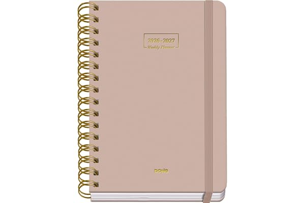Dohe - Agenda Escolar 2026 2027 - Septiembre a Junio, Semana Vista, A5 (15x21 cm), Tapa Dura Suave, Espiral Doble, Cierre con Goma Elástica, 2 Páginas de Pegatinas, Español e Inglés - Beige