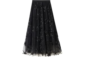 SotRong Damska warstwowa spódnica tiulowa, elastyczna, z wysoką talią, midi o linii A, siateczkowa, szyfonowa, plisowana, z kwiatową dekoracją