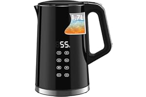 WANNYTON Czajnik elektryczny ze stali nierdzewnej, 1,7 l, 2200 W, z wyborem temperatury 40-100°C, cyfrowy wskaźnik temperatury, funkcja utrzymania ciepła, podwójna ścianka, ochrona przed pracą na