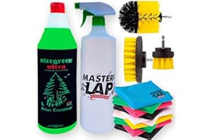 MASTER LAP Nicegreen Ultra Turbo Pack - Limpiador Ecológico + Cepillos para Taladradora + 10 paños microfibra. Limpieza Profunda de Llantas y Tapicería, 1L