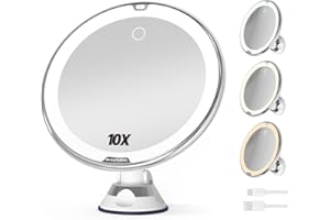 BEAUTURAL Makeup Mirror, 10X Magnifying Lighted Vanity Daylight White LED, Portable Illuminated Bathroom Mirror, 360 Degree Swivel Rotation and Locking Suction
