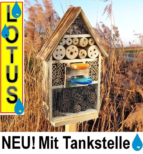 Gartendeko Nistkasten 50 cm groß hell GEFLAMMT RUSTIKAL, für Marienkäfer Schmetterling INSEKTENHOTEL,LOTUS-AUSFÜHRUNG (mit wasserabweisender Oberfläche), MIT 2 x SICHTGLAS ca. 8 mm und 11 mm (2 BEOBACHTUNGSRÖHRCHEN aus Glas, mit Zellstoff-Verschluss und Anflughilfe) MIT TRÄNKE SD und FUTTERPLATZ, Futterstelle,Insektenkasten, Insektenhaus, funktionelle Garten Deko passend zum Vogelhaus oder Vogelhäuschen - 4