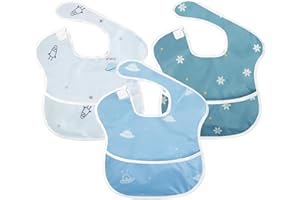 Little Dimsum 3 pack Baby Bibs Waterproof Bib Easy to Clean Feeding Bibs Weaning Bibs Adjustable Closed for Babies Toddlers with Large Pocket（6-36Months）