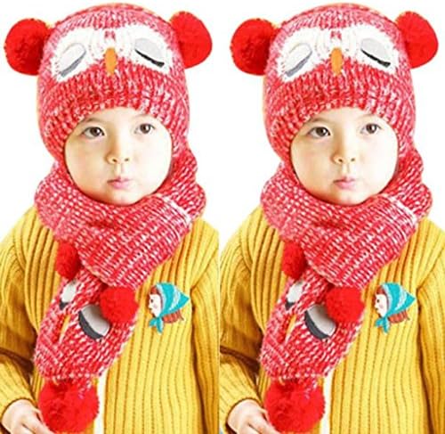 Pingtri Winter Baby Knit Crochet Toddler Kids Warm Balls Hat Beanie Cap + Scarf (Red)