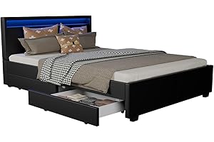 ‎JUSKYS Juskys Polsterbett Lyon 140x200 cm mit Bettkasten, LED Beleuchtung, Lattenrost & Kunstleder, schwarz, Bett Bettgestell Einzelbett Jugendbett