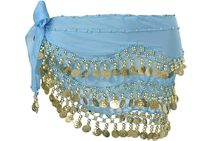SamHeng Damen Bauchtanz Gürtel Chiffon Hüfttuch, Bauchtanz Münztuch Bauchtanz Münzgürtel Tanztuch Bauchtanz Kostüm mit 128 Münzen für Mädchen Frau für Performance Kostüm Bauchtanz Yoga Kurs