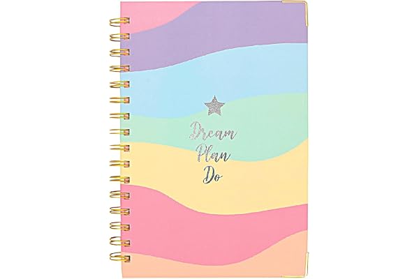 Doodle Undated Daily Planner I A5 I Hard Cover I Wiro Bound I192 Ruled Pages I 80 GSM I Lay Flat Design I Metal Corners I Plan your day, To do List, (Rainbow Plans)