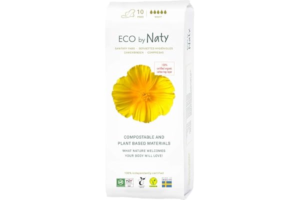 Naty Serviettes Ecologiques Nuit - Serviettes hygiéniques à base de plantes et absorbantes, produit menstruel en coton biologique, meilleur pour la santé féminine (10 unités)