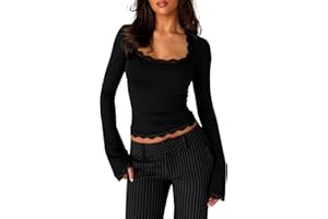 Navneet Spitzen Oberteile Damen Elegant Langarm Eckiger Ausschnitt Lace Crop Top Sexy Festival Party Outfit Y2K