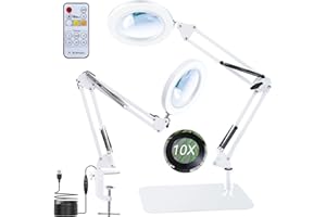 KOOLSHIRO 10X Magnifying Glass with Light and Stand, Remote Control Magnifying Desk Lamp with Large Base & Clamp, 3 Color Modes & 10 Brightness Dimmable, Magnifier Lamp with Swivel Arm for Hobby Craft Work