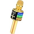 BONAOK Microphone sans Fil, Microphone Karaoké Enfant Bluetooth Lecteur Enregistreur Portable, Lumières LED Coloré Microphone de Fête Familial pour Appareil Intelligent Android/iOS-Or