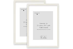 Framelane Set de 2 Marcos Fotos Pared en Roble Blanco FSC para Marco A4 con Vidrio Acrílico Antirrayas y Antirroturas - Passepartout Incluido - Vertical u Horizontal