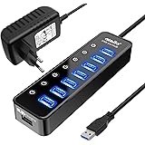 bauihr USB Hub Aktiv 3.0 mit Netzteil, 7 Ports USB 3.0 Hub aktiver Datenhub mit Schalter und 1 Intelligenter Charging Port un