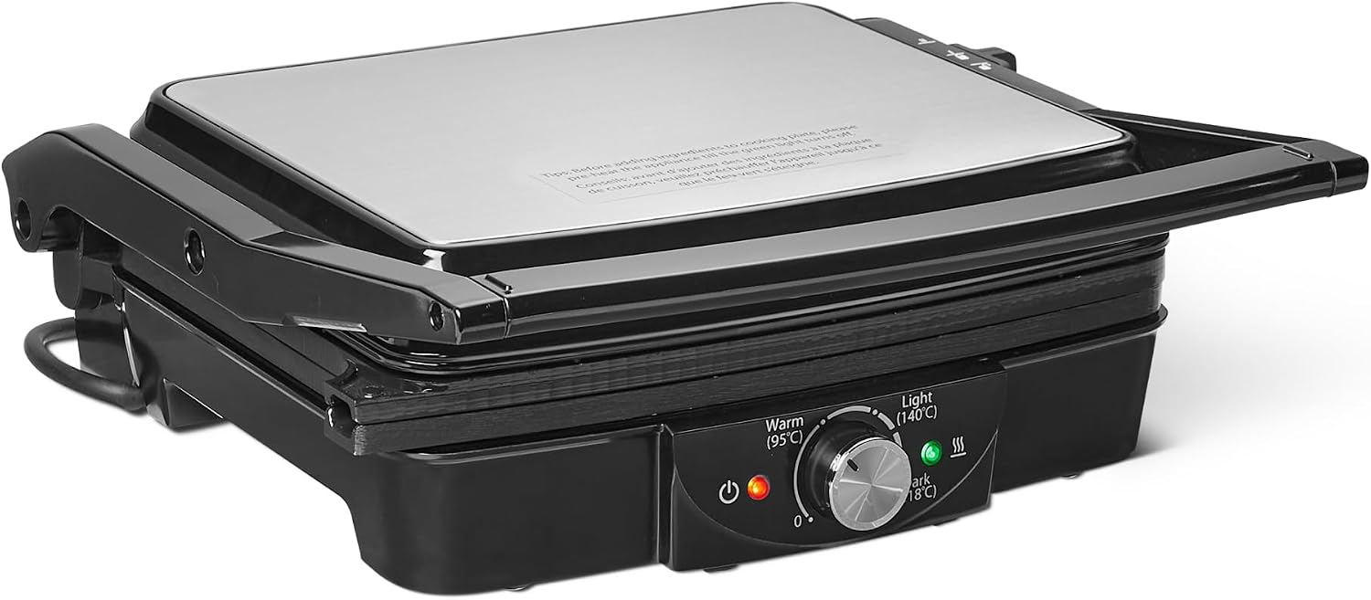 Amazon Basics - Parrilla eléctrica de contacto con control de temperatura, placas antiadherentes, 2000 W, negro