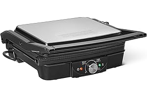 Amazon Basics - Parrilla eléctrica de contacto con control de temperatura, placas antiadherentes, 2000 W, negro