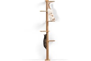 FUKUMARU rascador para Gatos, Torre de 5 Niveles hasta el Techo (206 cm), montado en Pared, de Madera de Caucho Natural, para trepar, rasguñar y Jugar.