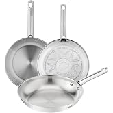 Tefal Duetto On Set of 3 Frying Pans, Stainless Steel, Uncoated | 3 Frying Pans 7.9/9.4/11 inch, Fast and Even Cooking, Induc