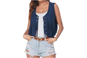 YESOK 2023 Femme Veste daim avec Frange à ongles Court clouté Veste Biker Casual Léger Ethnique Sans Manches en Faux Daim Style Hippie des Années 70 Ouvert sur le devant Gilet Vintage Cowgirl