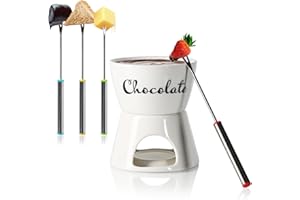 COM-FOUR® zestaw do czekoladowego fondue z napisem - tygiel do czekolady i sera - ceramiczna miska z podstawka na podgrzewacze i 4 widelcami - miska do dipów z tygla dla 4 osób (bialy - napis)