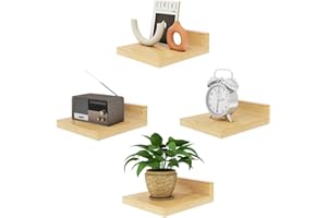 IBUYKE Mała pływająca półka, drewniana półka ścienna, zestaw 4 sztuk, stojaki ekspozycyjne, półka wisząca do sypialni, łazienki, kuchni, naturalne drewno RF-GB505N-4