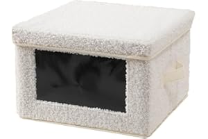 Calicosy - Boîte de Rangement avec Fenêtre - Tissu Bouclette Écru - avec Poignées et Couvercle - pour Salon, Dressing, Bureau - L 40 x P 28 x H 30 cm