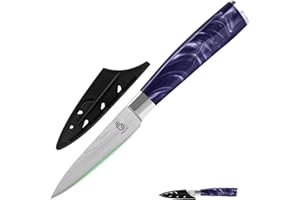 FULLHI Couteau d'office, couteau japonais multicolore de 3,5 pouces avec garde, couteau de cuisine en acier inoxydable avec étui (Resina púrpura)