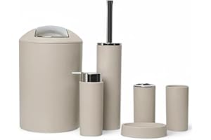 6tlg Badset Badezimmer Zubehör Set Organizer: Seifenspender, Zahnputzbecher, Kosmetikeimer, WC Bürste und Halter, Seifenschale, Mülleimer, Zahnbürstenhalter, Badgarnitur (Beige Design 2a)