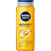 NIVEA Men Boost Duş Jeli 500 ml, 3'&uuml; 1 Arada Komple Bakım, V&uuml;cut, Sa&ccedil; ve Y&uuml;z i&ccedil;in, Kafein ile Canlandırıcı Bakım