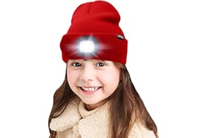 ATNKE Kids LED beleuchtete Mütze mit Licht, USB Wiederaufladbare 4 LED Scheinwerfer wasserdichte Winterwärmer Strick Nachthüte mit leichten Jungen Mädchen