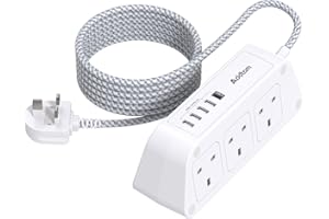 ADDTAM Extension Lead with USB Slots，6 Way Outlets 5 USB(5A, 1 USB- C and 4 USB-A Port) with 1.6M Braided Extension cord, 3250W Overload Protection，Security Surge Protection Plug Extension Socket