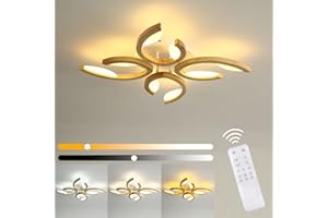 BOBOPAI LED Wooden Ceiling Light, Dimmable Ceiling Lights With Remote Control, Modern Flower Design Ceiling Semi-Flush Mount Lighting With Night Light and Timer Function For Living Room, Bedroom 24W, 2400LM