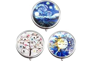 OHAODUO 3 pastilleros redondos de metal para viaje, pastillero con espejo, tamaño pequeño para viajes, medicina, tableta, organizador de pastillas, para uso diario y de viaje