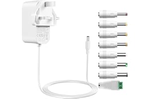 Tonton 12V DC Power Supply Adapter 1.8M(6ft), 2A 1A 24W AC/DC Power Adapter Cord, Power Plug DC Male 5.5x2.1mm with 8 Tips for LED Strip Light, CCTV Camera, BT Speaker, GPS, Webcam, Router (White)