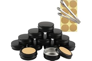 TIANZD 12 Pièces 30 ml Vide Rond Noir Pots en Aluminium Cosmétiques Pot Canettes Bocaux Conteneurs 15ml for Fait Main Bougies Crème Baume Voyage, 3x aluminium cuillère, 12x Étiquettes